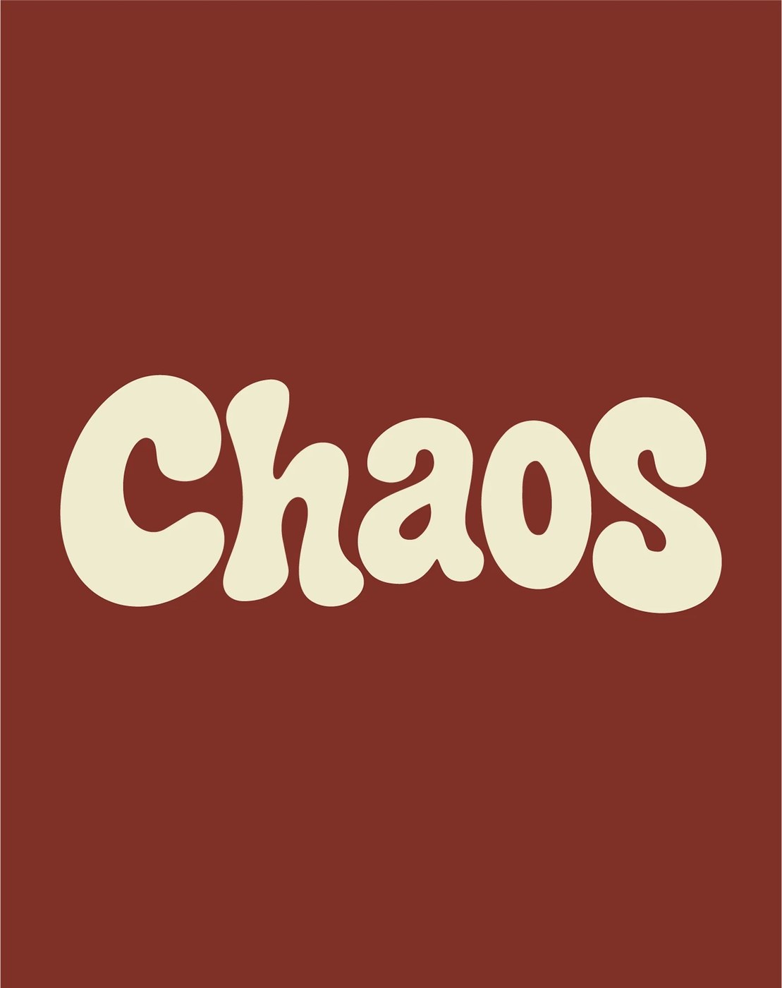 Isolated cream Chaos display wordmark with bulbous retro-grotesque letterforms set against a deep brownish terracotta background