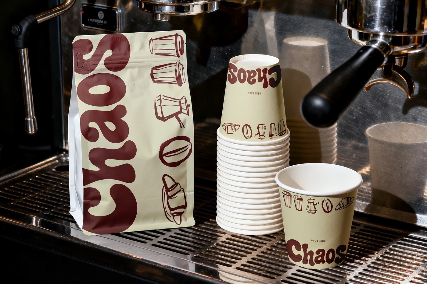 Specialty coffee bag with vertical Chaos wordmark resting on a commercial espresso machine drip tray next to branded paper cups