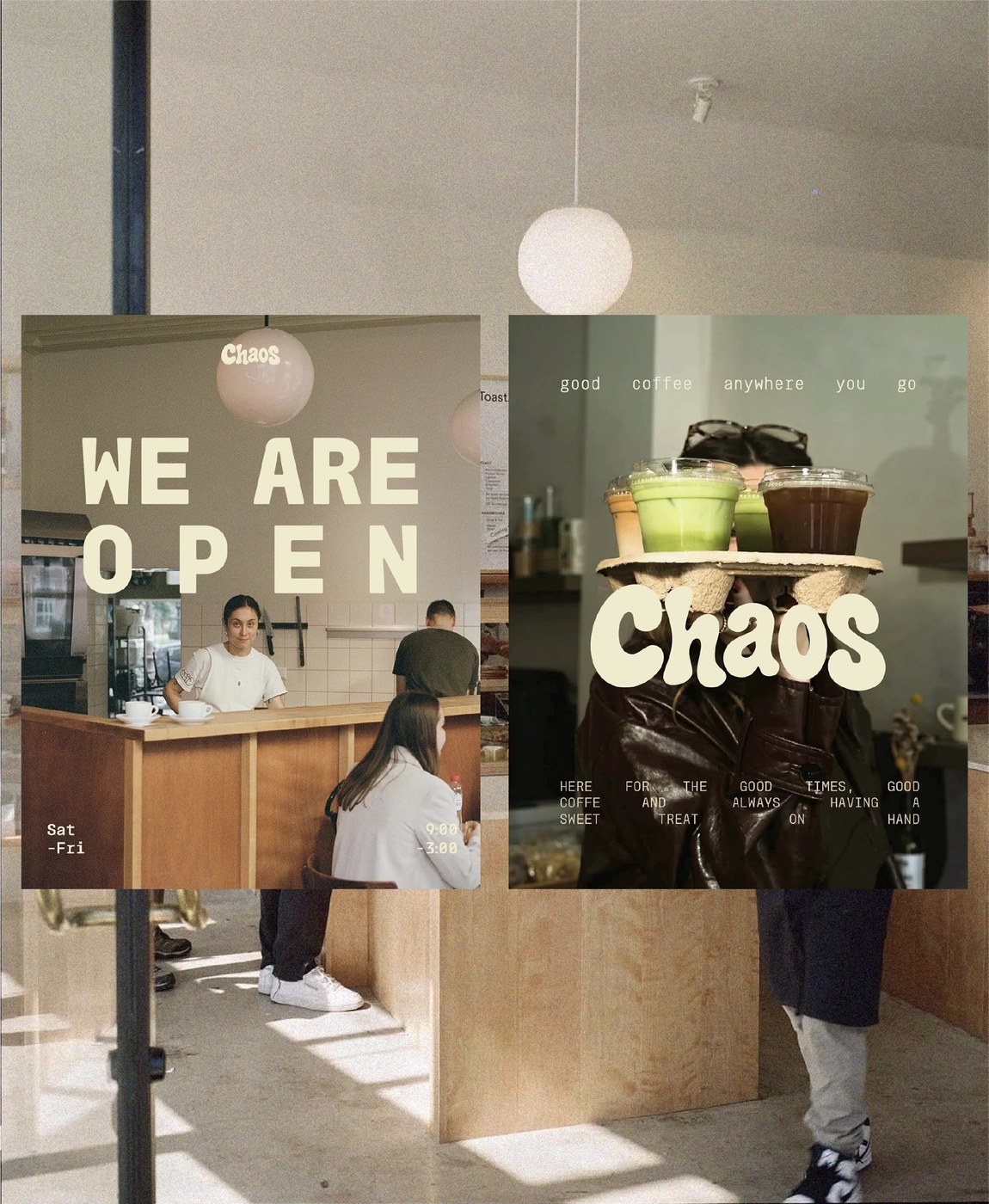 Outdoor cafe setting featuring a branded canvas tote bag and transparent takeaway iced coffee cup printed with the Chaos wordmark
