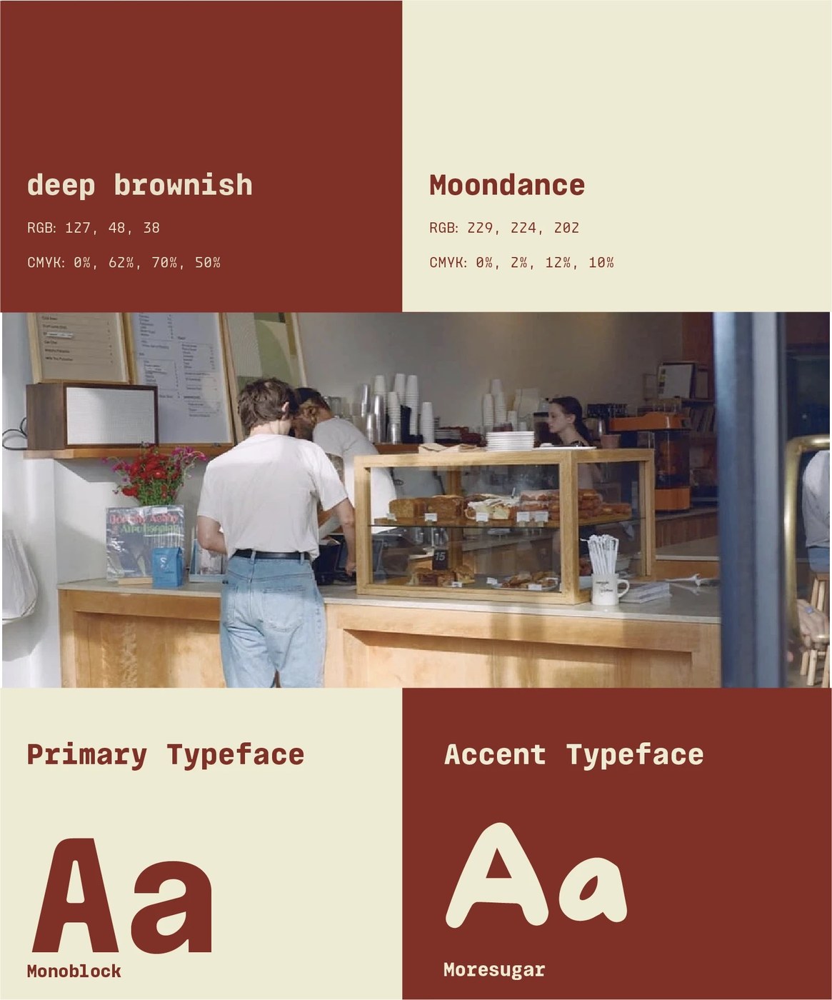 Brand identity guidelines sheet detailing the color palette with deep brownish and Moondance swatches alongside Monoblock and Moresugar typefaces