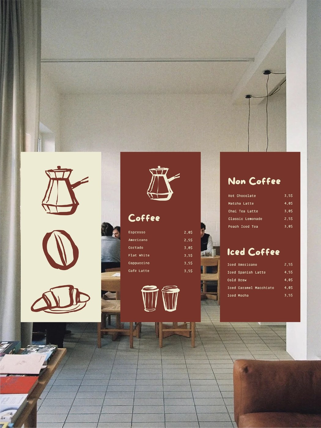 Three-panel cafe menu board displaying beverage offerings and pricing framed by custom linocut coffee icons in cafe interior