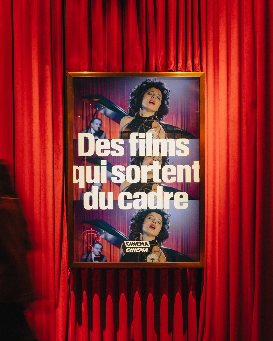 Master editorial design system and framed cinema poster lightbox on red velvet drapery for Cinéma Cinéma by Deux Huit Huit