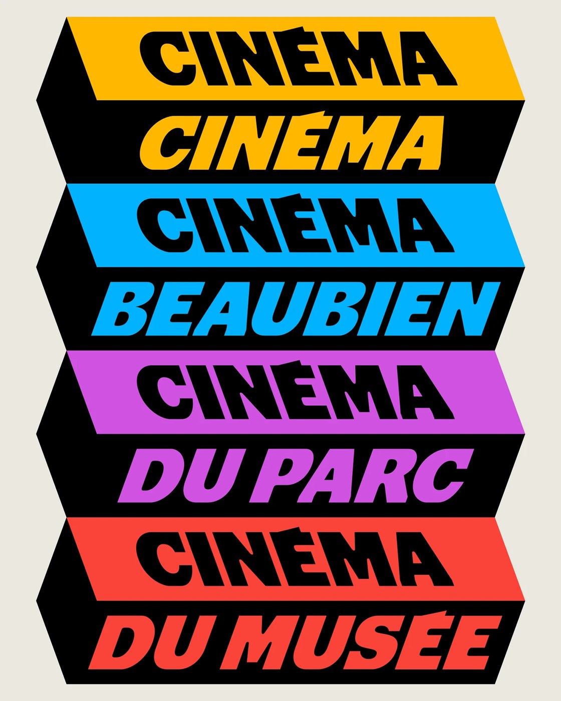 Stacked 3D marquee blocks for Cinéma Beaubien, du Parc, and du Musée by Deux Huit Huit