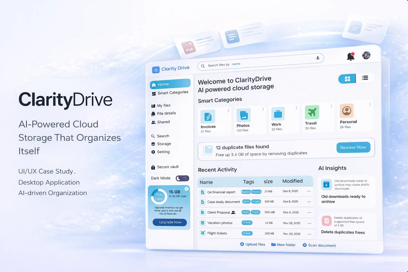 ClarityDrive smart cloud storage file dashboard — ui ux design by Aniket Jagtap