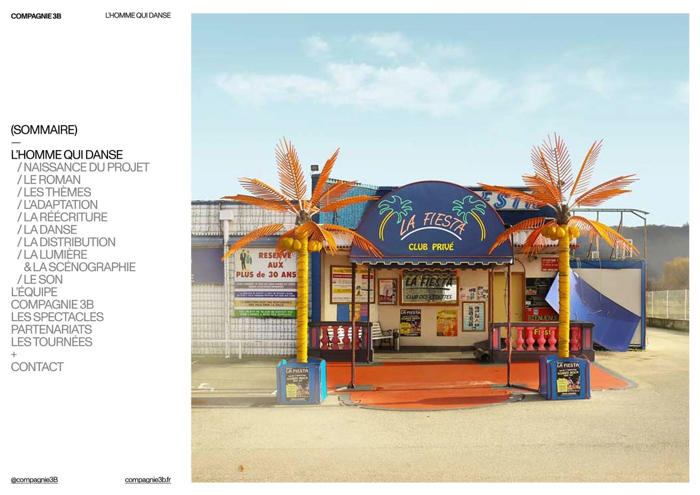 Compagnie 3B presskit spread with table of contents index beside La Fiesta nightclub photograph — editorial design by Florian Cornut
