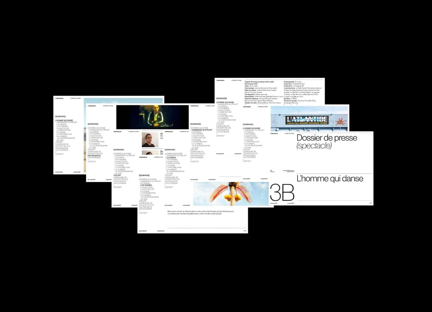 Multi-page spread layout collection showing dossier pagination and stage photography — editorial design by Florian Cornut