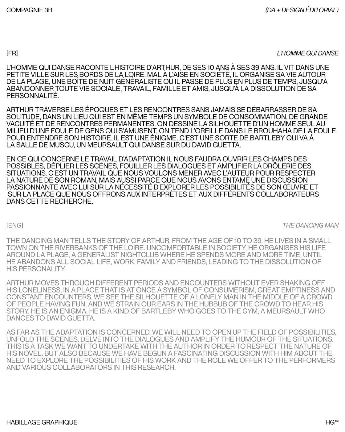 Bilingual narrative text layout detailing the adaptation of Victor Jestin's novel — editorial design by Florian Cornut