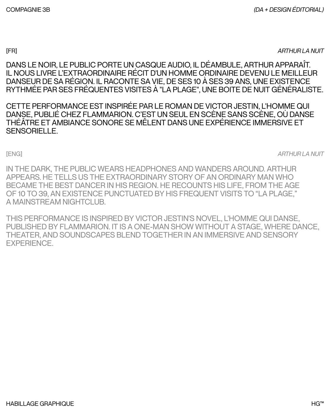 Performance text spread for Arthur la Nuit in Monument Grotesk typography — editorial design by Florian Cornut