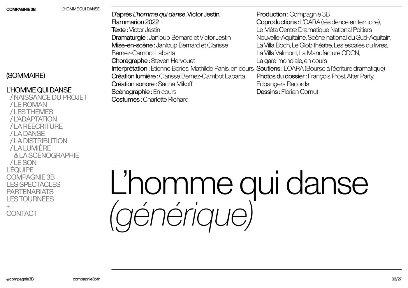 Full production credits spread with Sommaire sidebar and hairline grid rules — editorial design by Florian Cornut