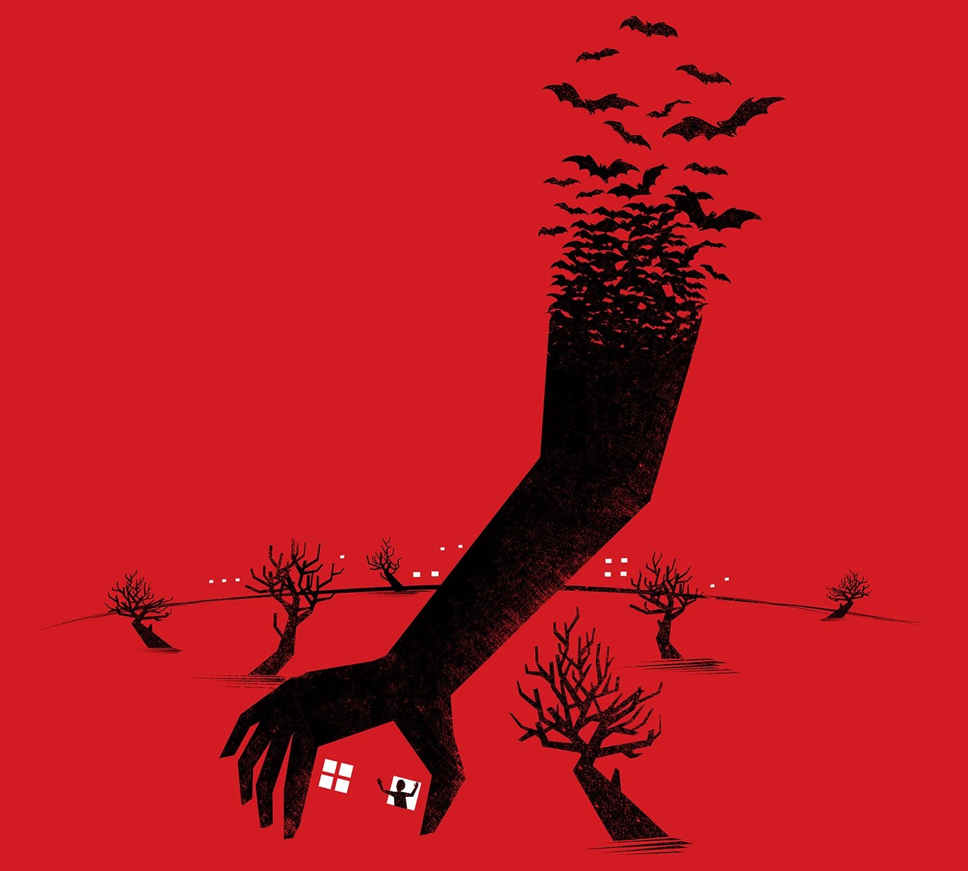 Ilustración de espacio negativo con formas de pájaros y árboles.