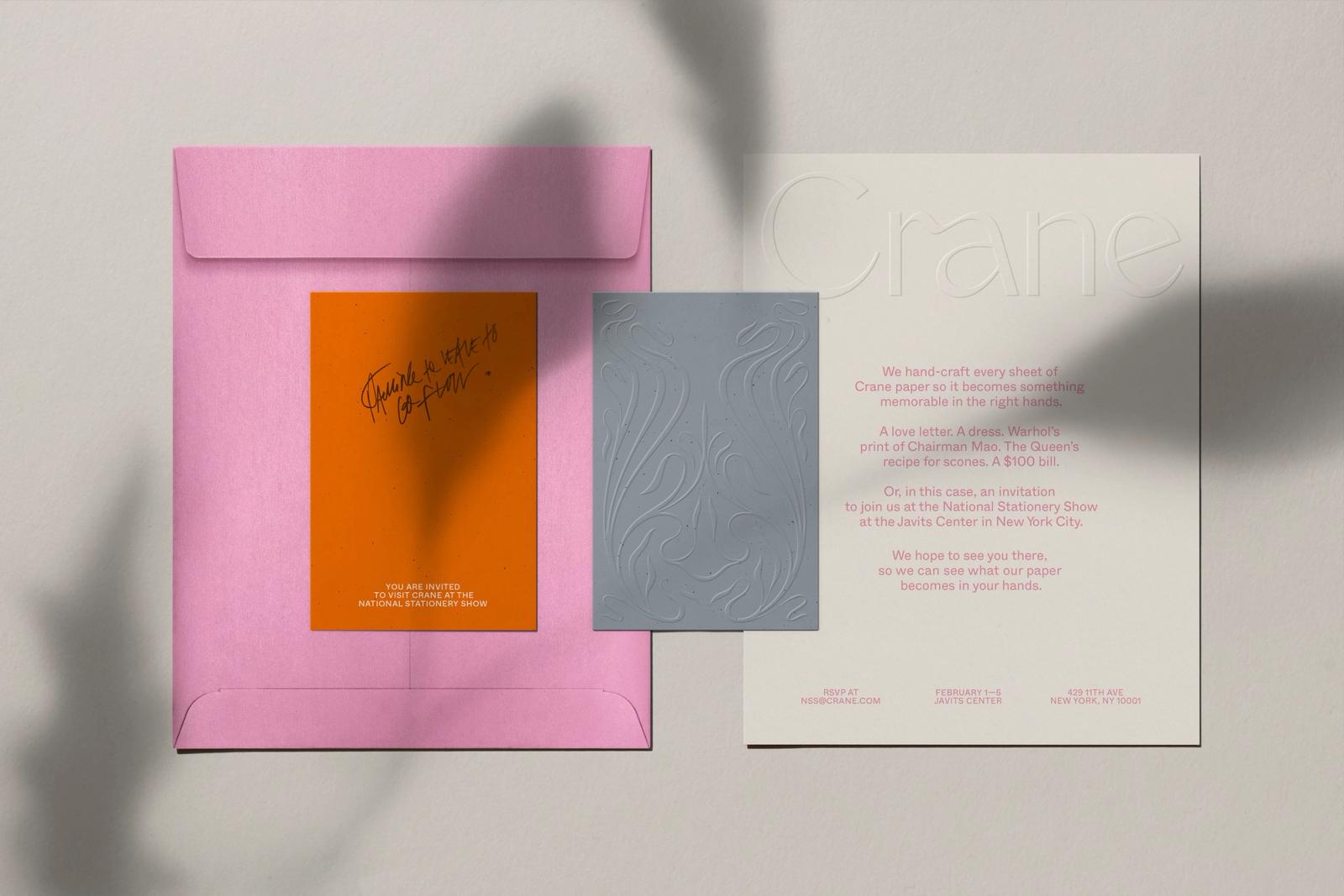 National Stationery Show invitation suite for Crane featuring pink envelope, orange insert, and blind-embossed card