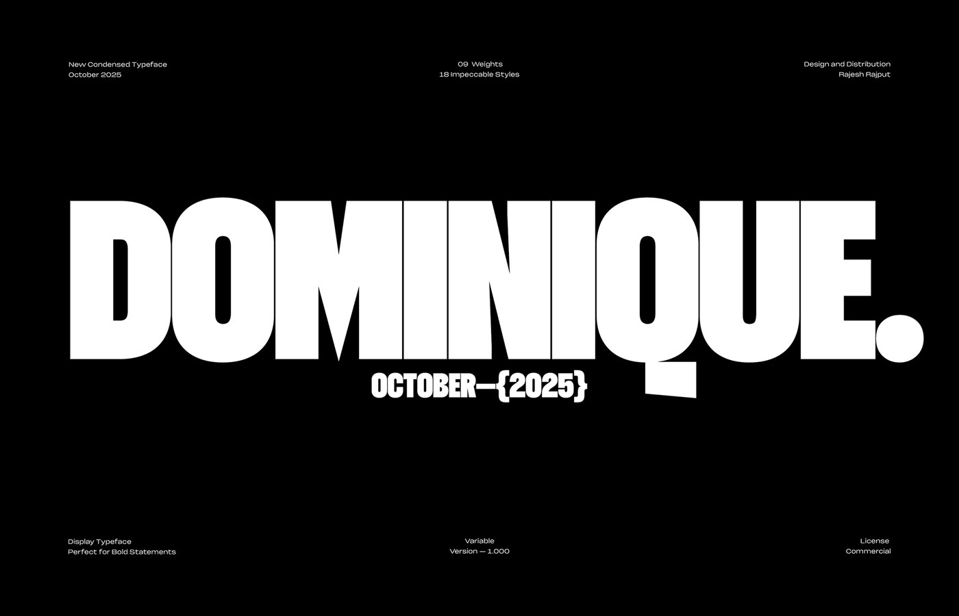 Dominique condensed display variable typeface title card in white on black
