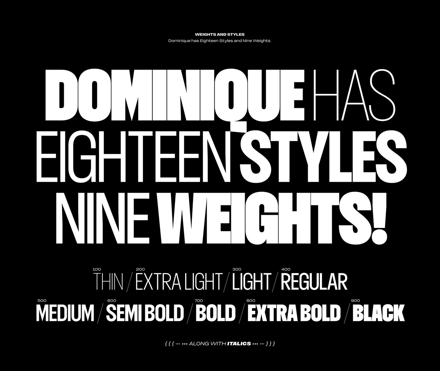 Dominique condensed display variable typeface New York headline on teal with event ticket overlay