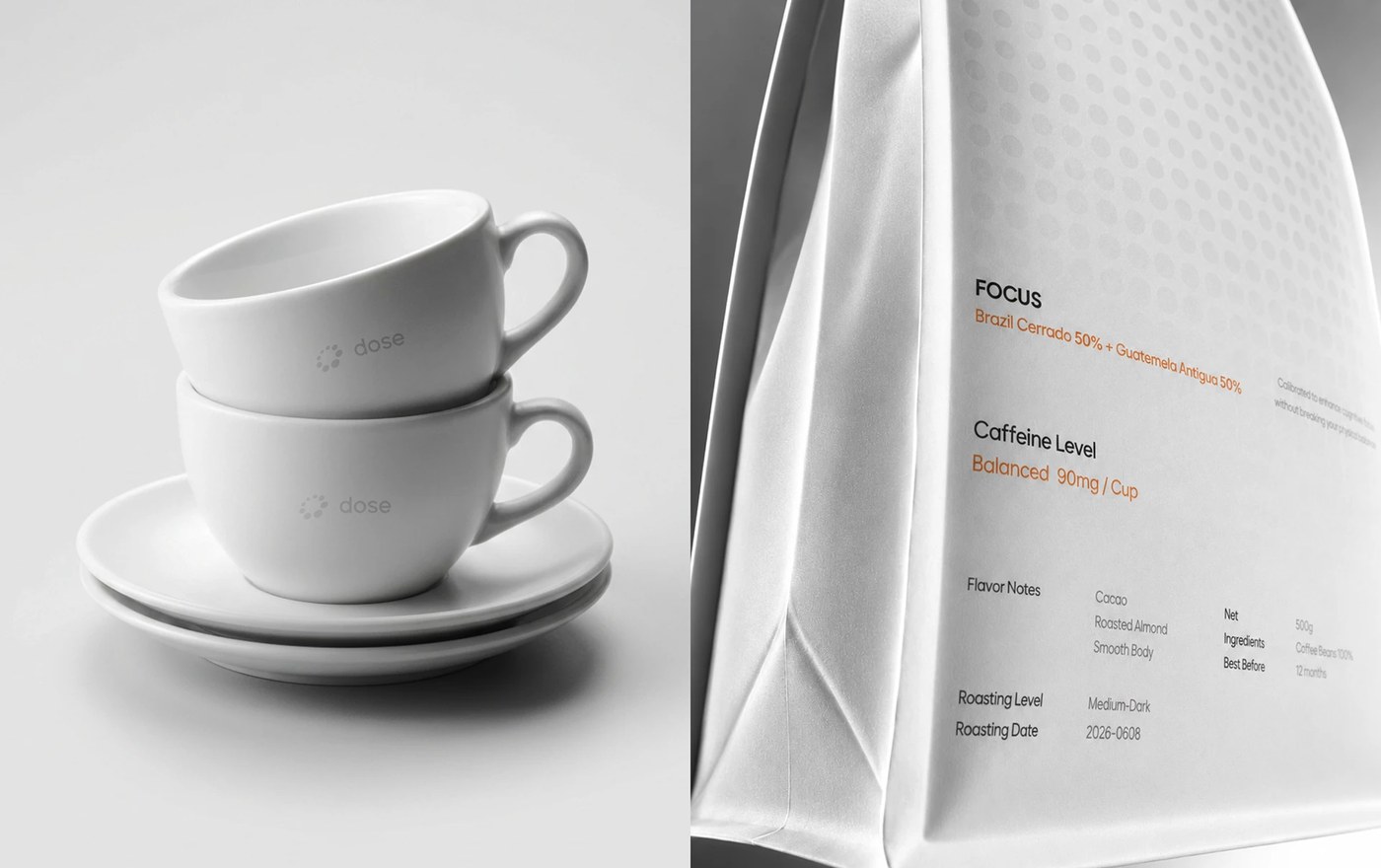 dose ceramic espresso cups and coffee bean pouch with technical typography ui/ux design