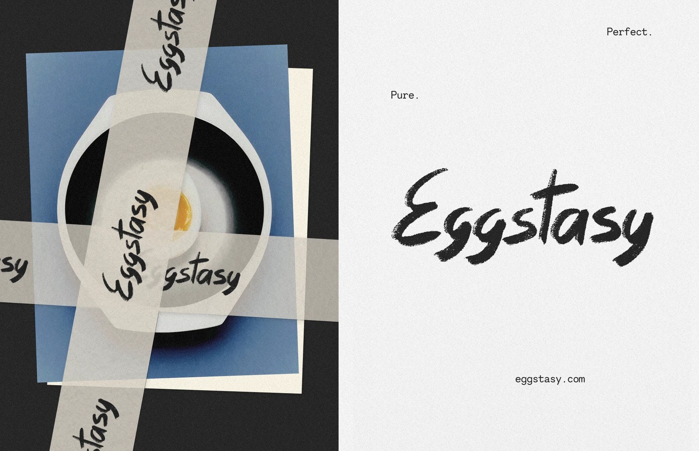 Eggstasy logo brand identity kraft business cards with typewriter monospace type