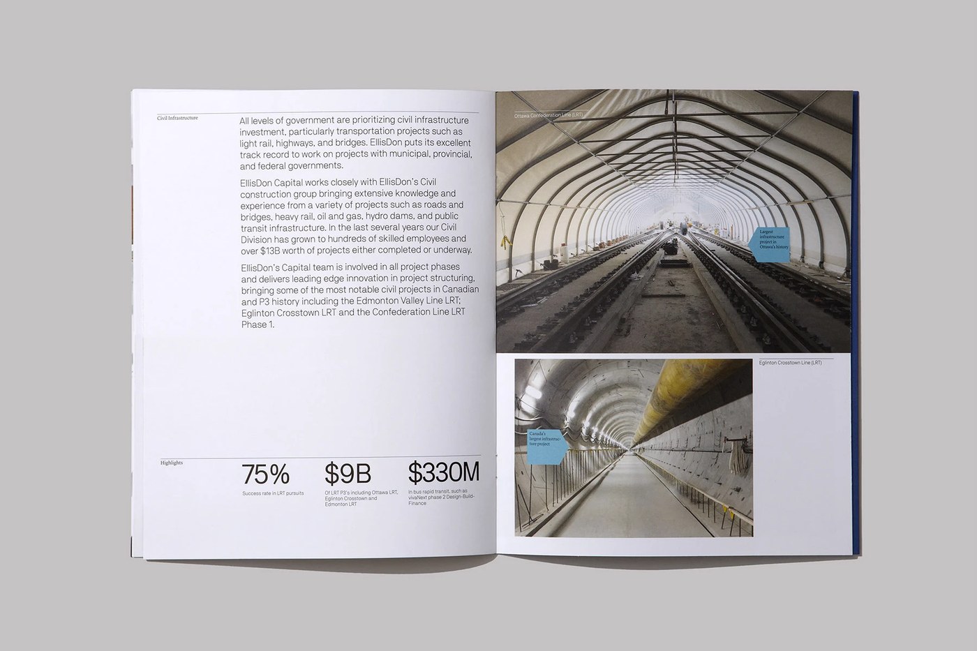 Civil Infrastructure tunnel photography and Swiss grid data — branding design by Underline Studio