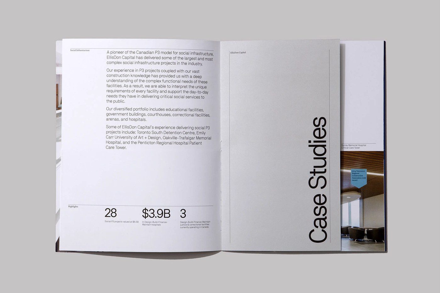 Stepped insert tab dividers and Social Infrastructure spread — branding design by Underline Studio