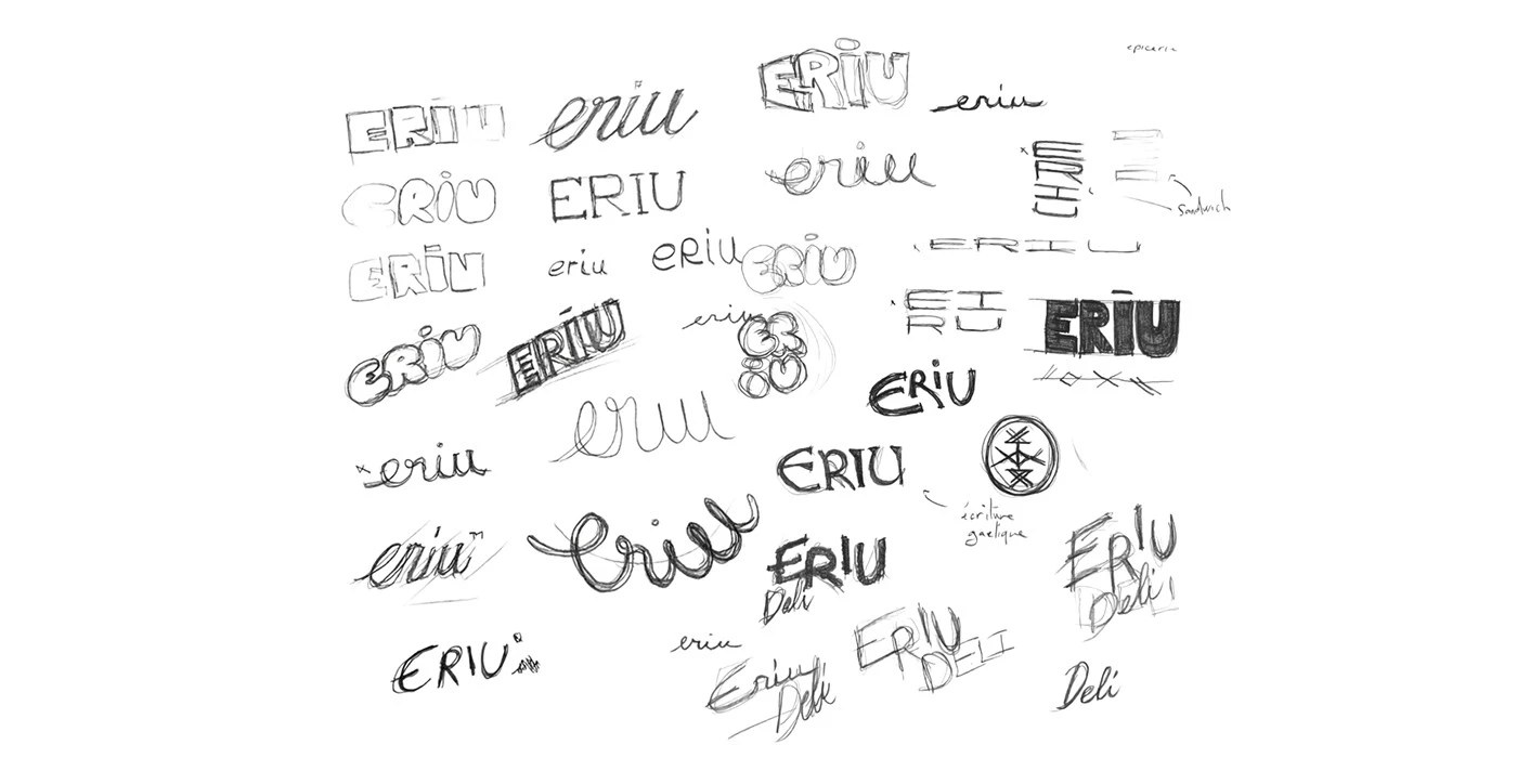 Eriu Deli packaging collateral in earth tones with custom hand-lettered type on kraft paper — handcrafted branding identity