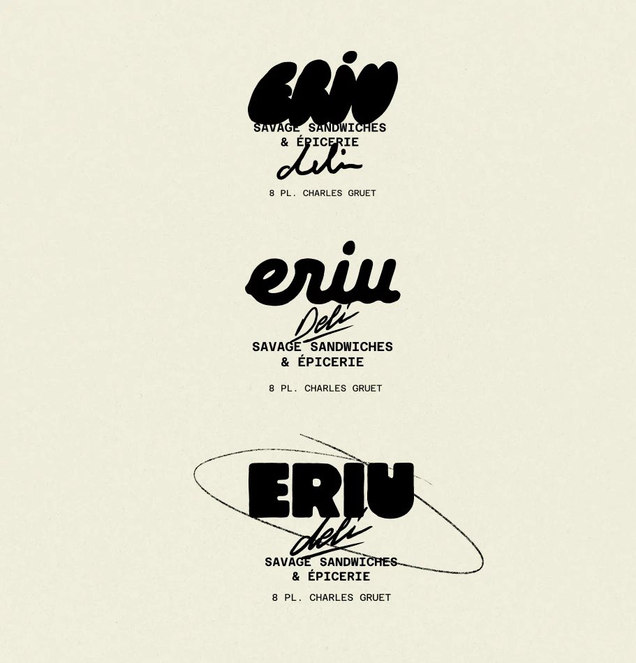 Eriu Deli takeaway bag and signage system showing monochromatic palette across print — handcrafted branding identity