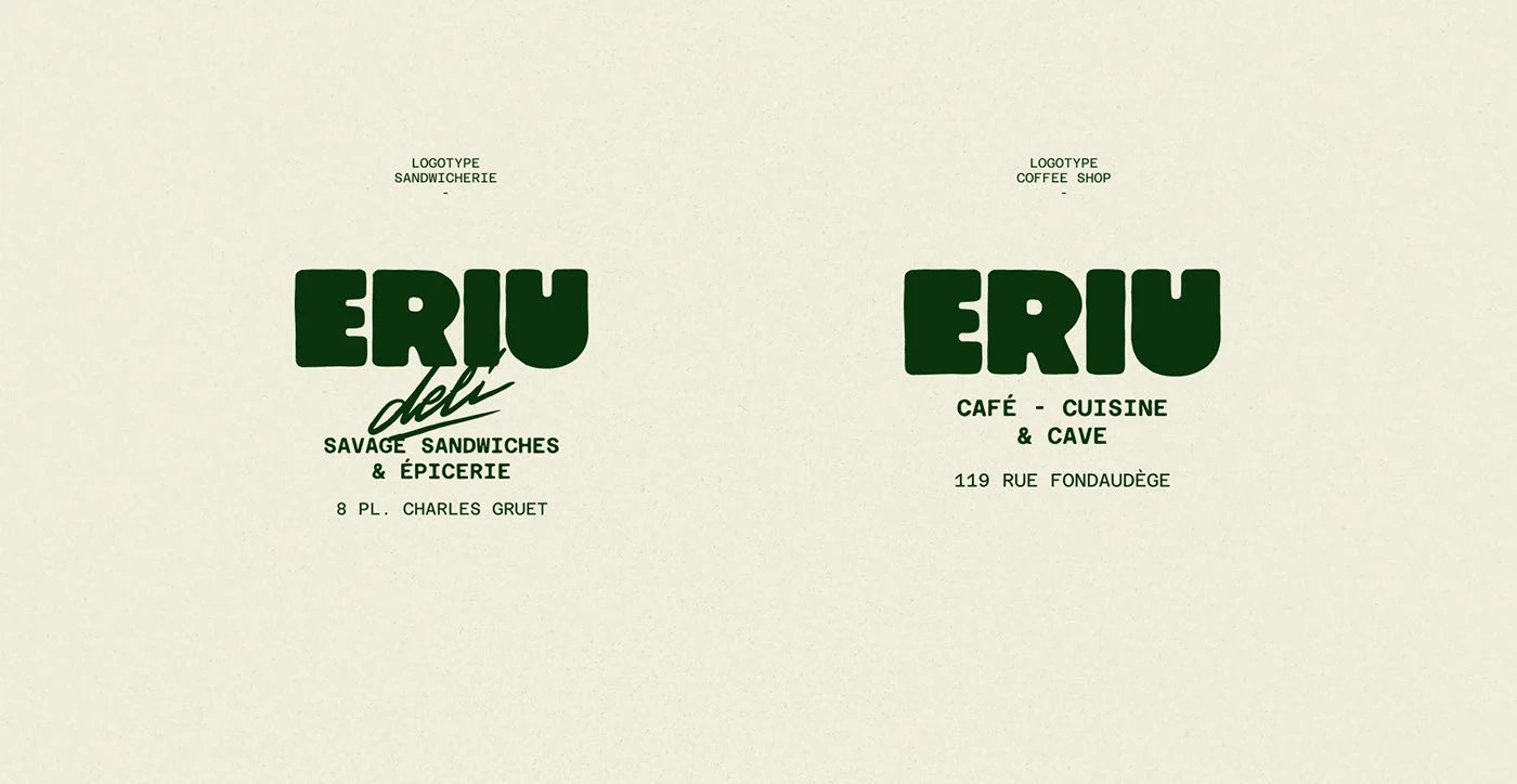Ériu Deli and Ériu café logotype comparison — deli script mark alongside café wordmark on off-white ground