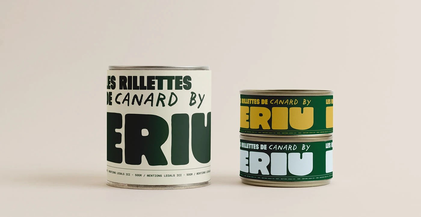 Ériu Deli duck rillettes tin packaging — oversized wordmark wrapping cream and green label variants on neutral seamless