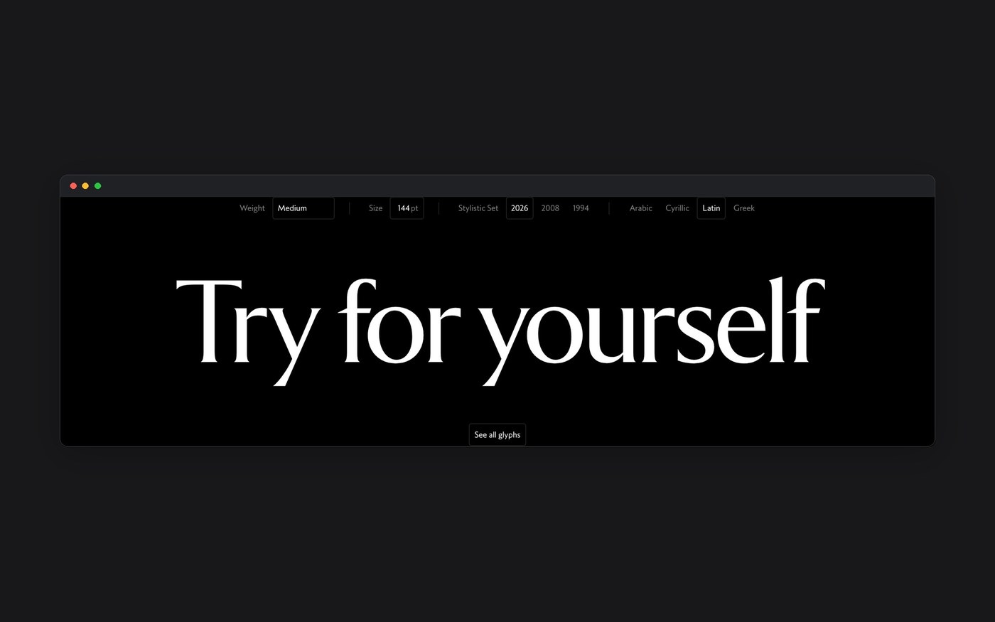 Interactive type tester for Exemplar at 144pt — typography by Letters from Sweden