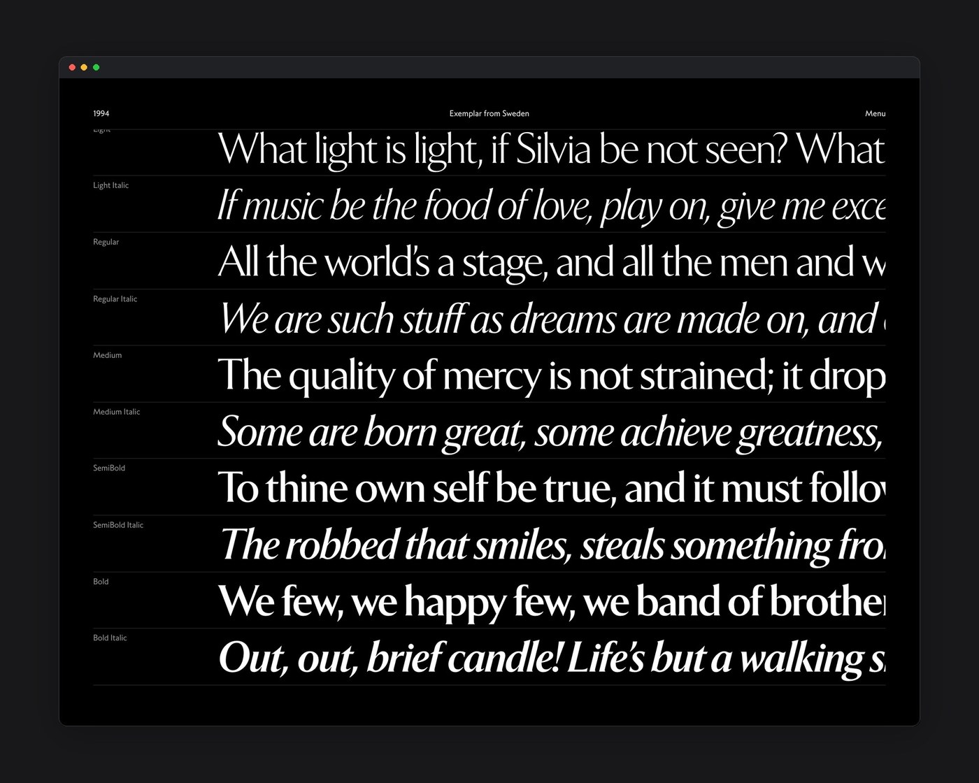 Complete weight spectrum from Light to Bold with italics — typography by Letters from Sweden