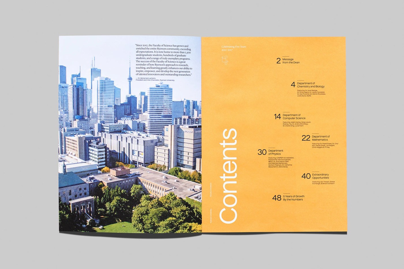 editorial design table of contents spread with aerial campus view and yellow section divider