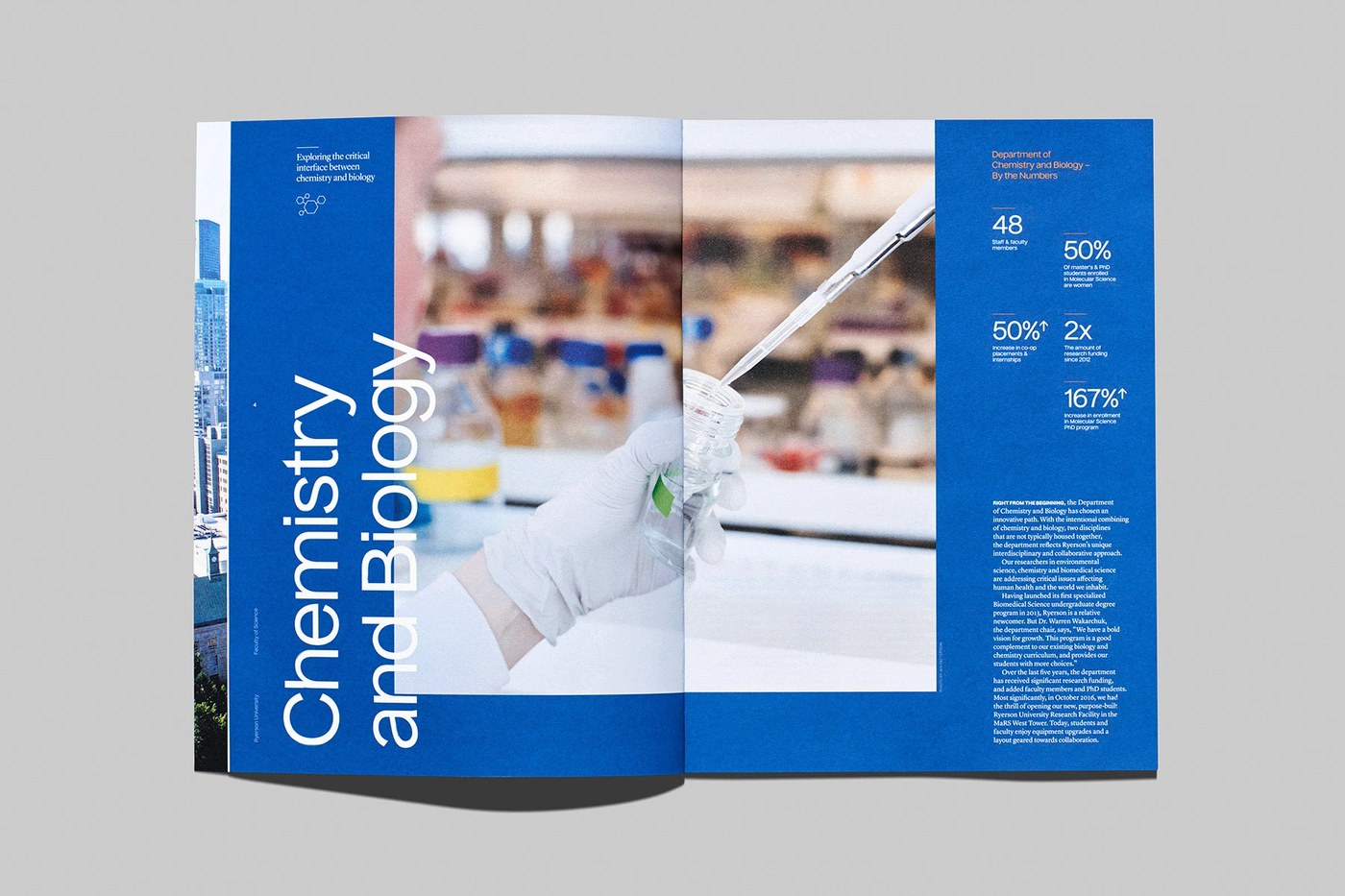 editorial design Chemistry and Biology spread with laboratory photography and data callouts