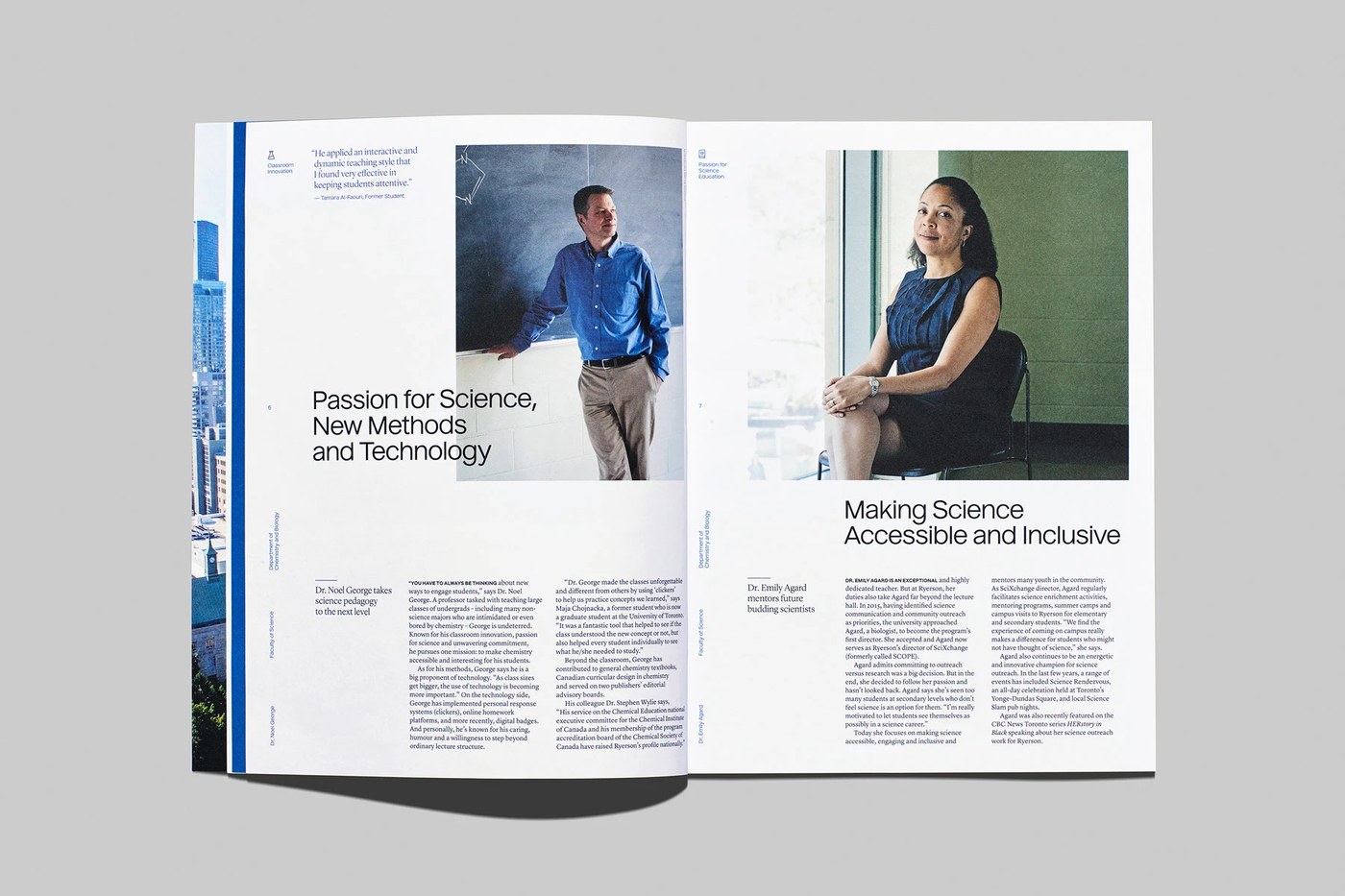 editorial design faculty profile spreads featuring Dr Noel George and Dr Emily Agard
