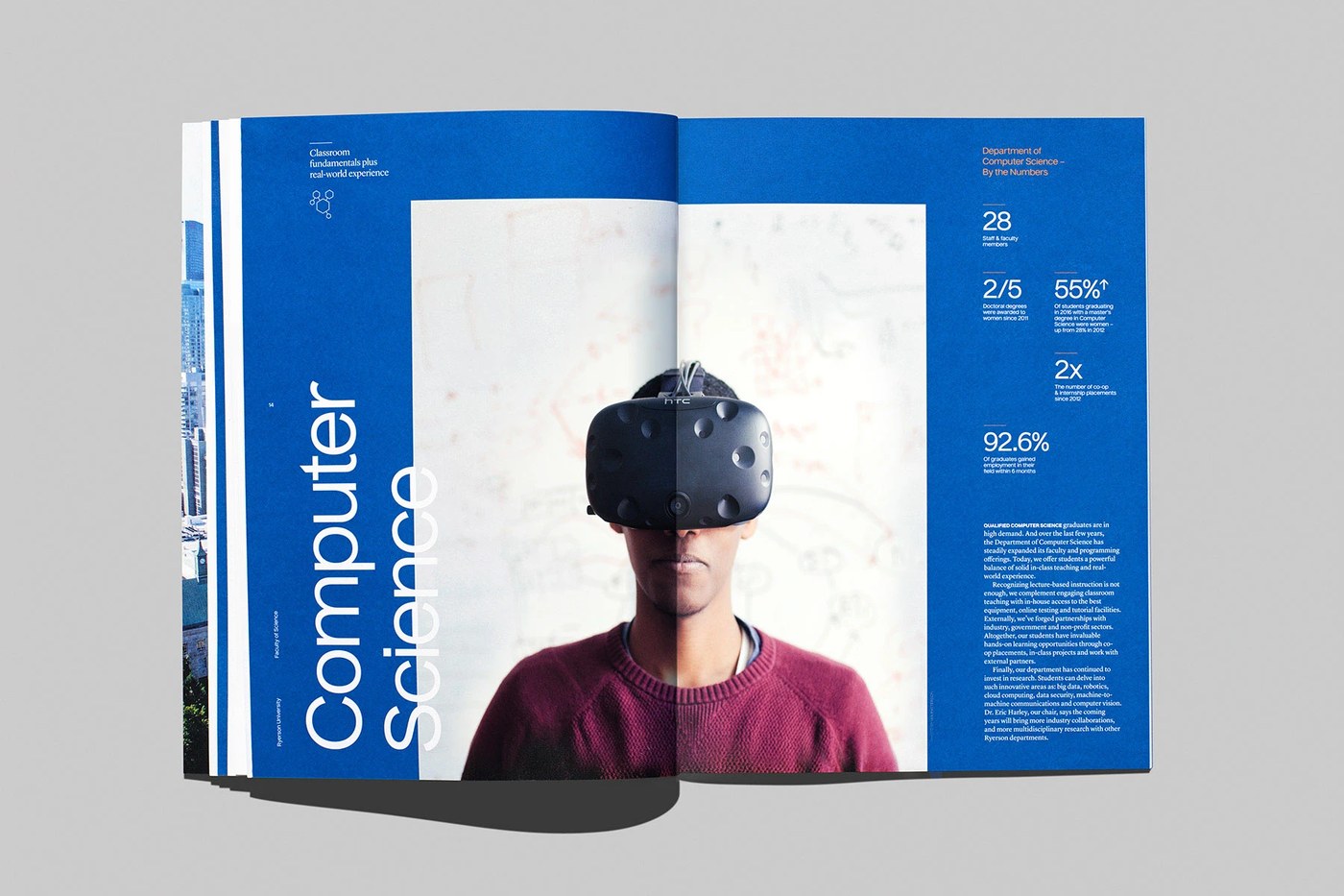 editorial design Computer Science department spread with VR headset photography and metrics