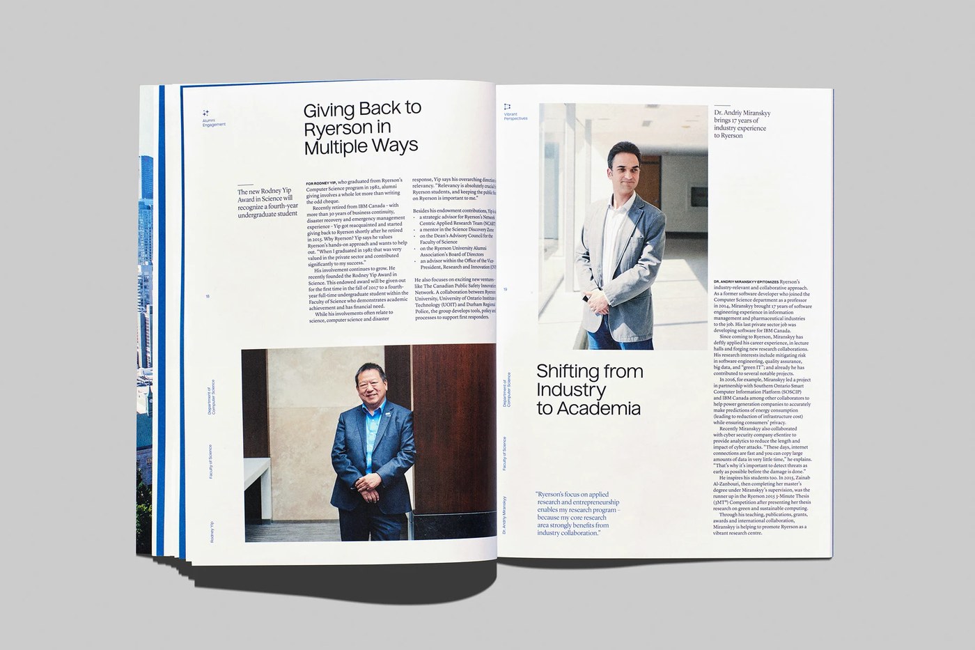 editorial design interview and article layout featuring Ryerson alumni and professors