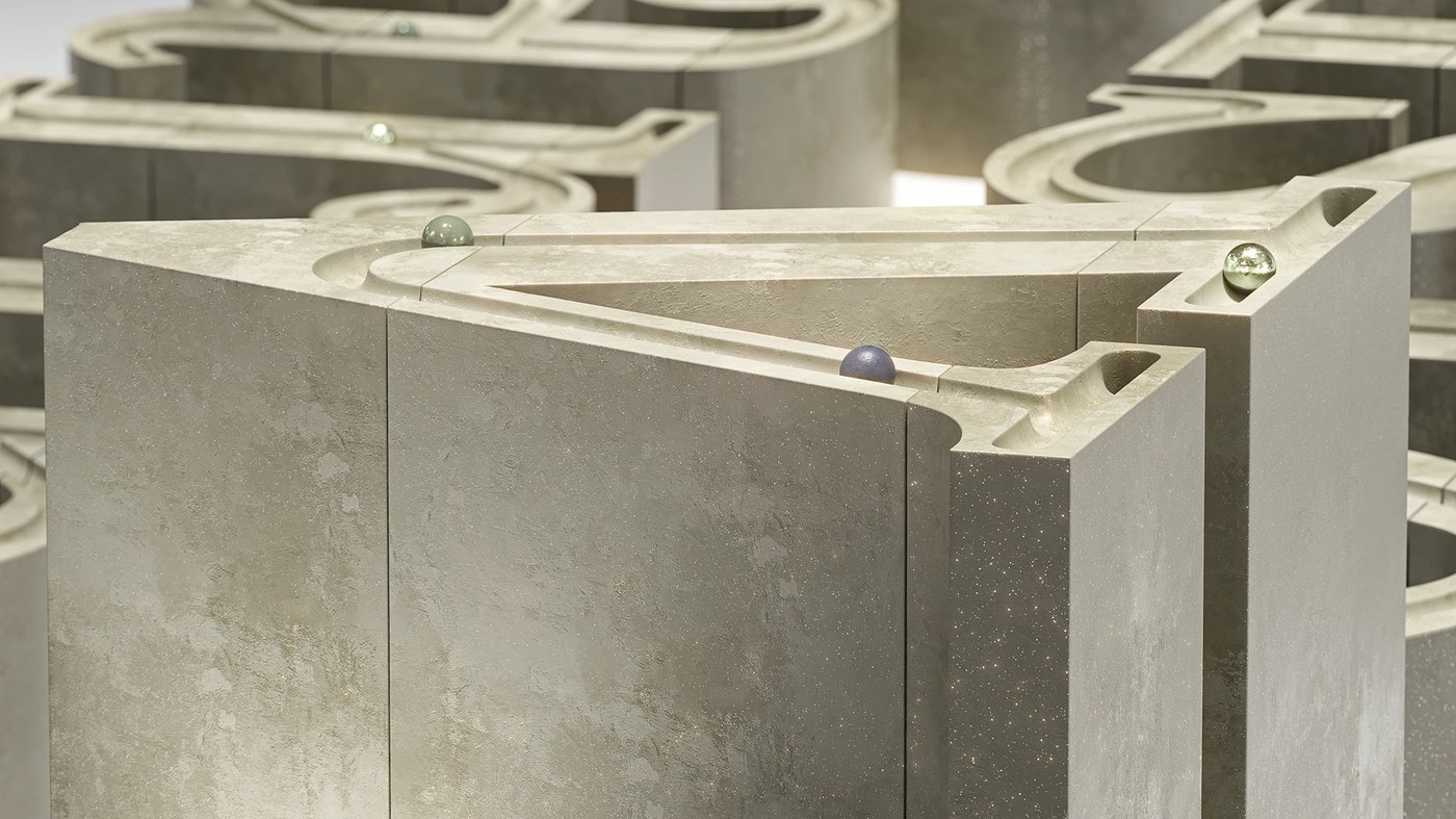 3D motion design Cinema 4D Redshift Andrew Moskvin stone structures rising near a dark basin