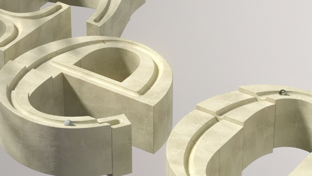 3D motion design Cinema 4D Redshift Andrew Moskvin geometric spheres rolling through architectural letters