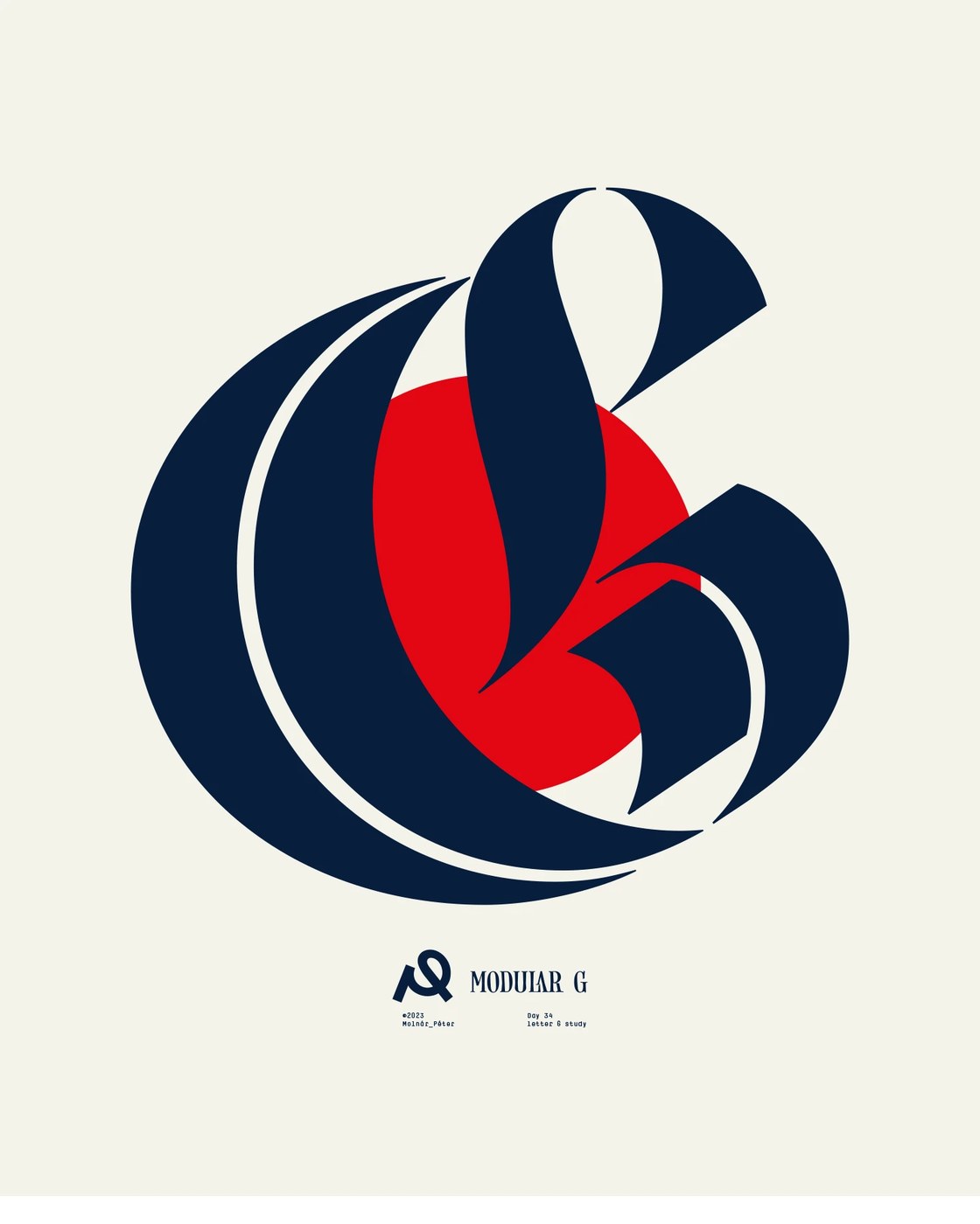 Modular G poster design featuring blackletter curve over red circle by Molnár Péter