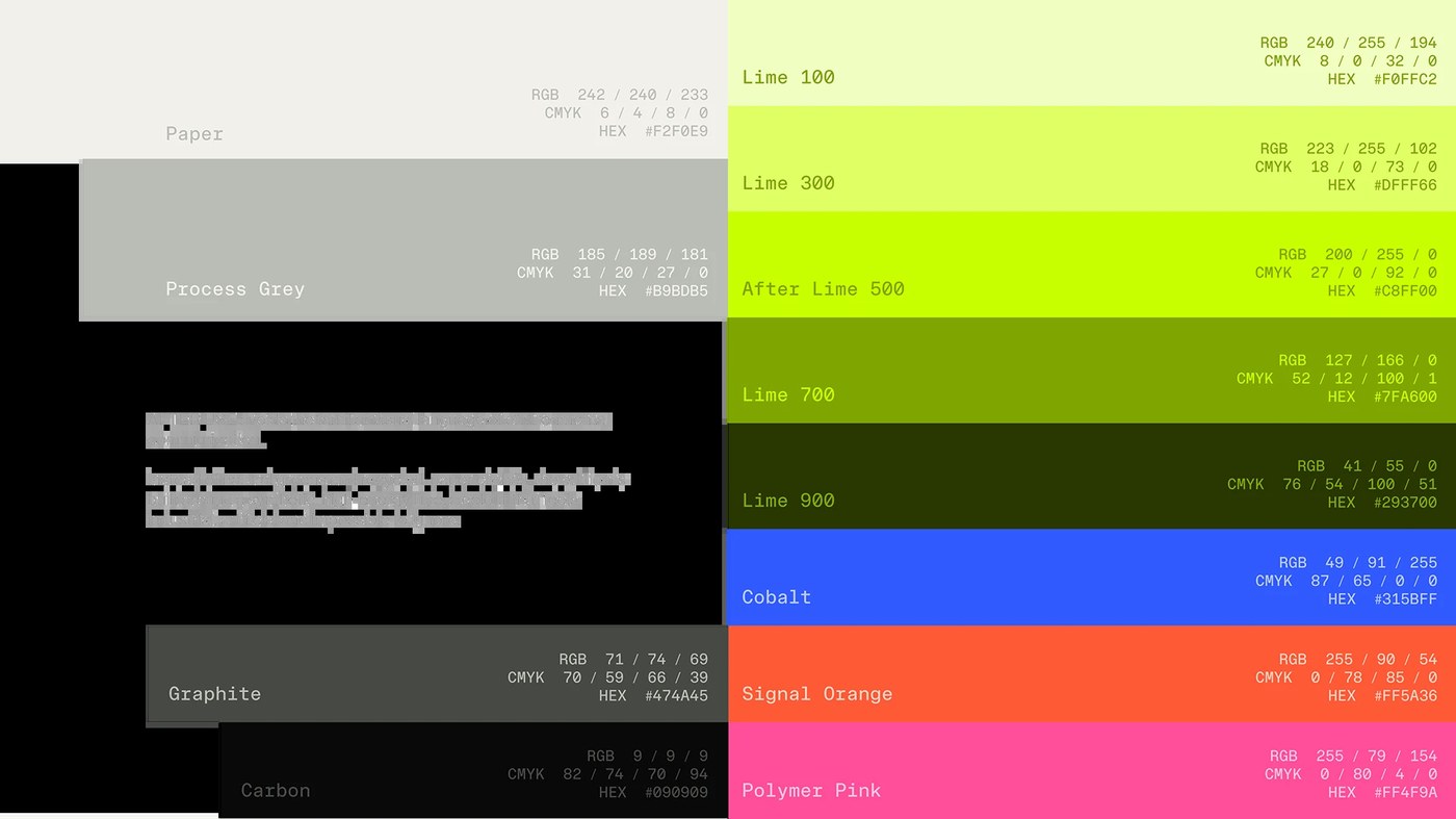Industrial lime and neutral color palette swatches — branding design by Luciano Quintana