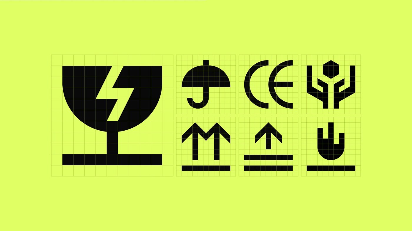 Technical packaging and logistics symbols on grid — branding design by Luciano Quintana