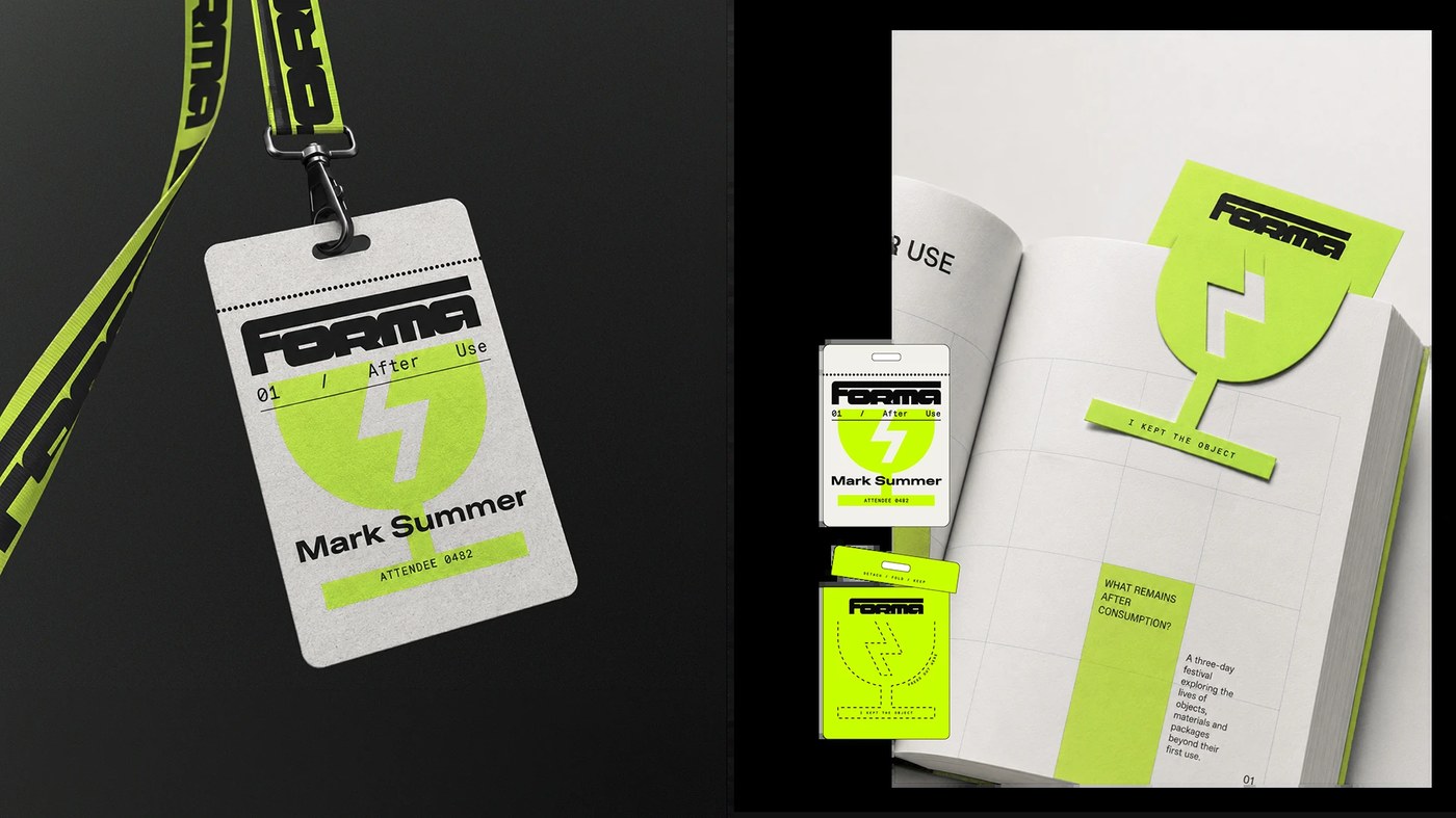Attendee badge lanyard and catalogue bookmark — branding design by Luciano Quintana