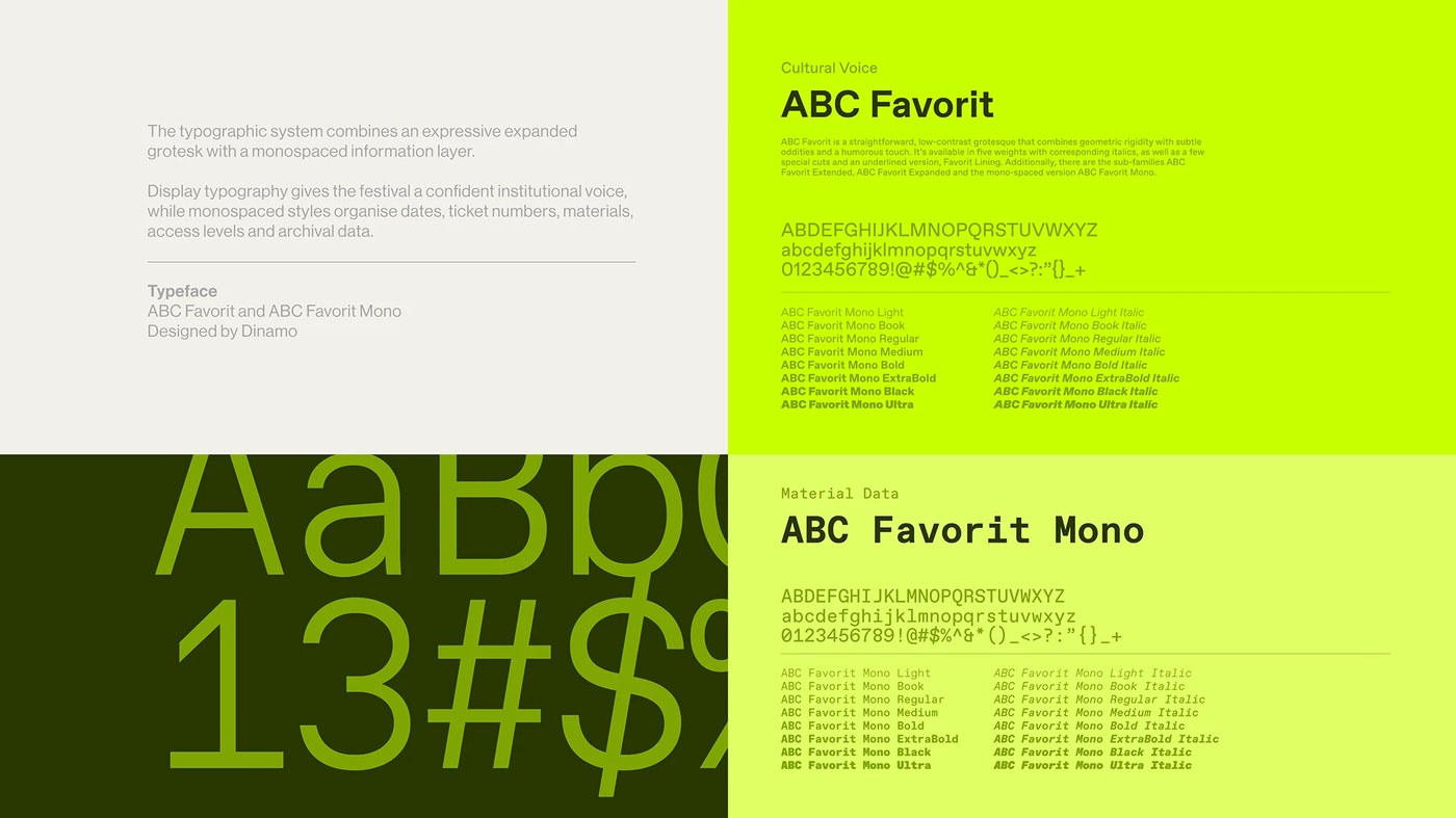 Dinamo ABC Favorit typographic specimen layout — branding design by Luciano Quintana