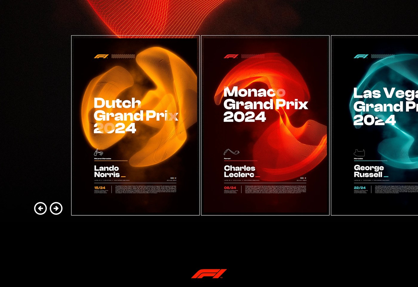 Detalle del cartel de Fórmula 1 con línea de velocidad roja e indicadores de diseño: serie de carteles de diseño artístico de visualización de datos de Nicolas Penco
