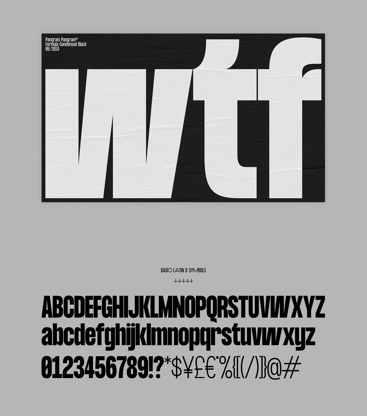 Formula Condensed Black complete basic Latin glyph set and symbols — typography by Pangram Pangram
