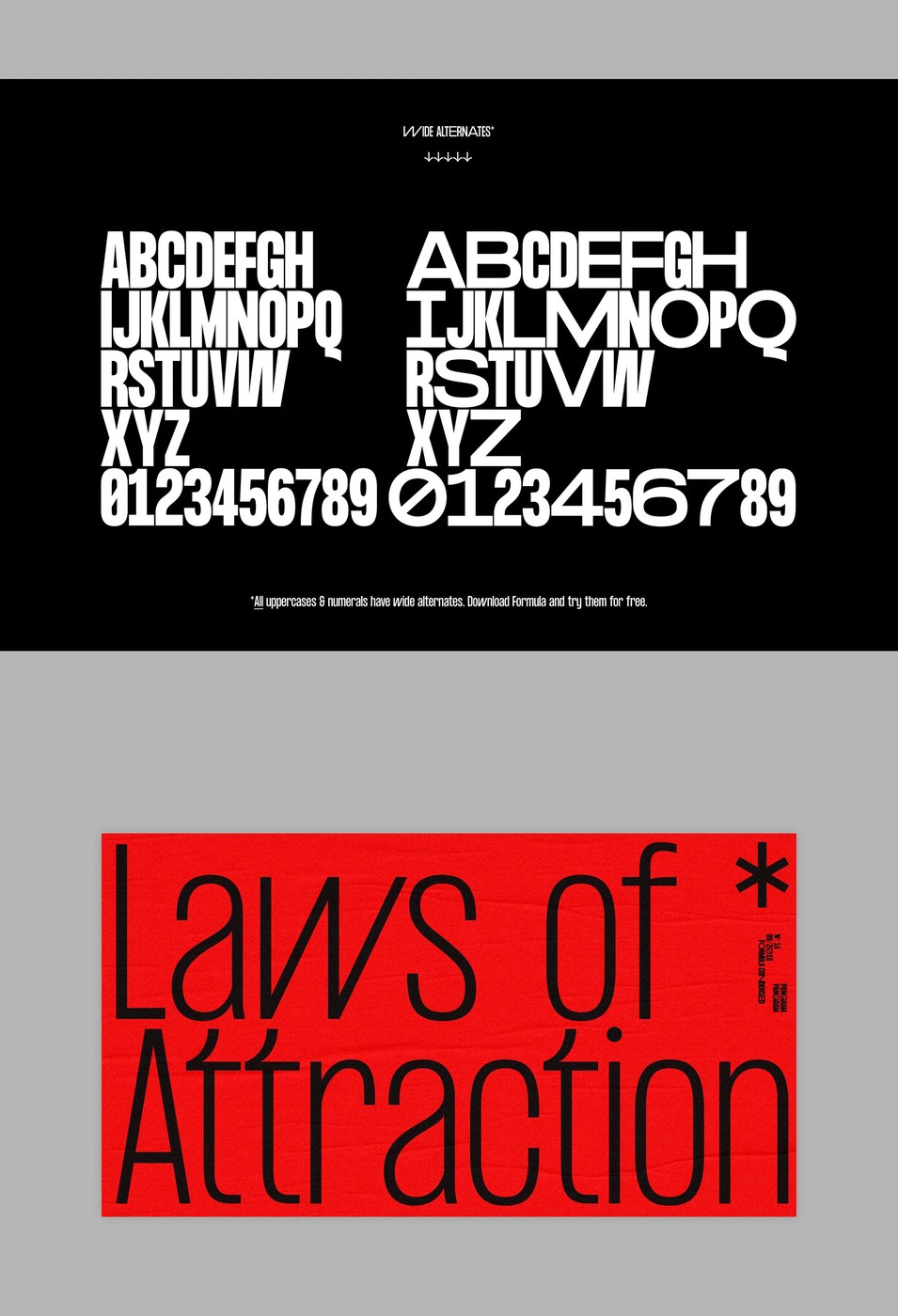 Side-by-side comparison of condensed letterforms and wide alternate uppercase glyphs — typography by Pangram Pangram