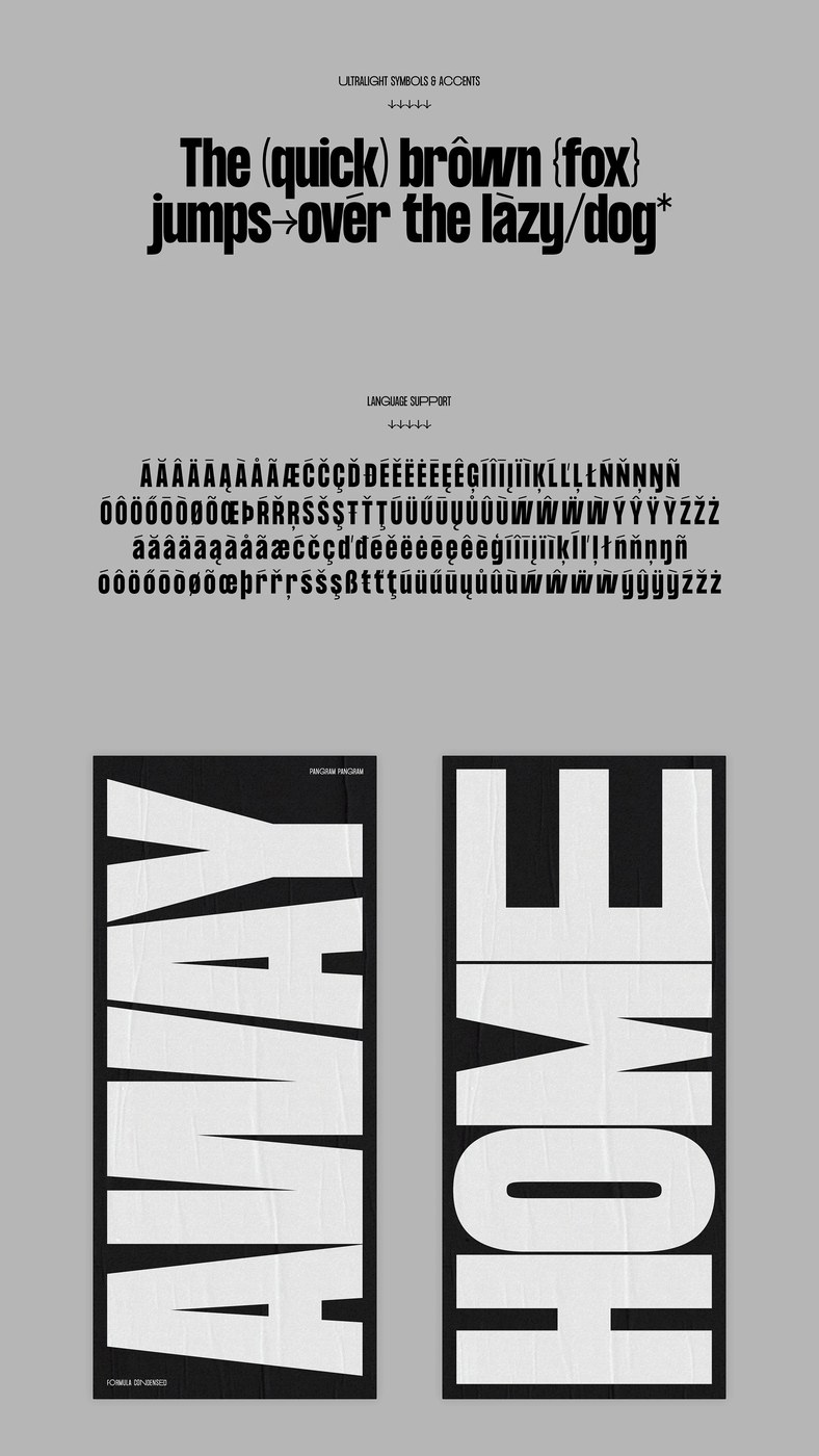 Ultralight weight character specimen and international language support grid — typography by Pangram Pangram