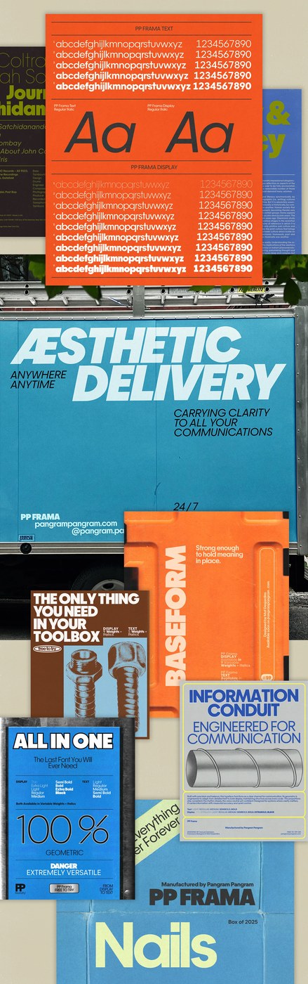 Editorial poster layout specimen in PP Frama typography design by Pangram Pangram