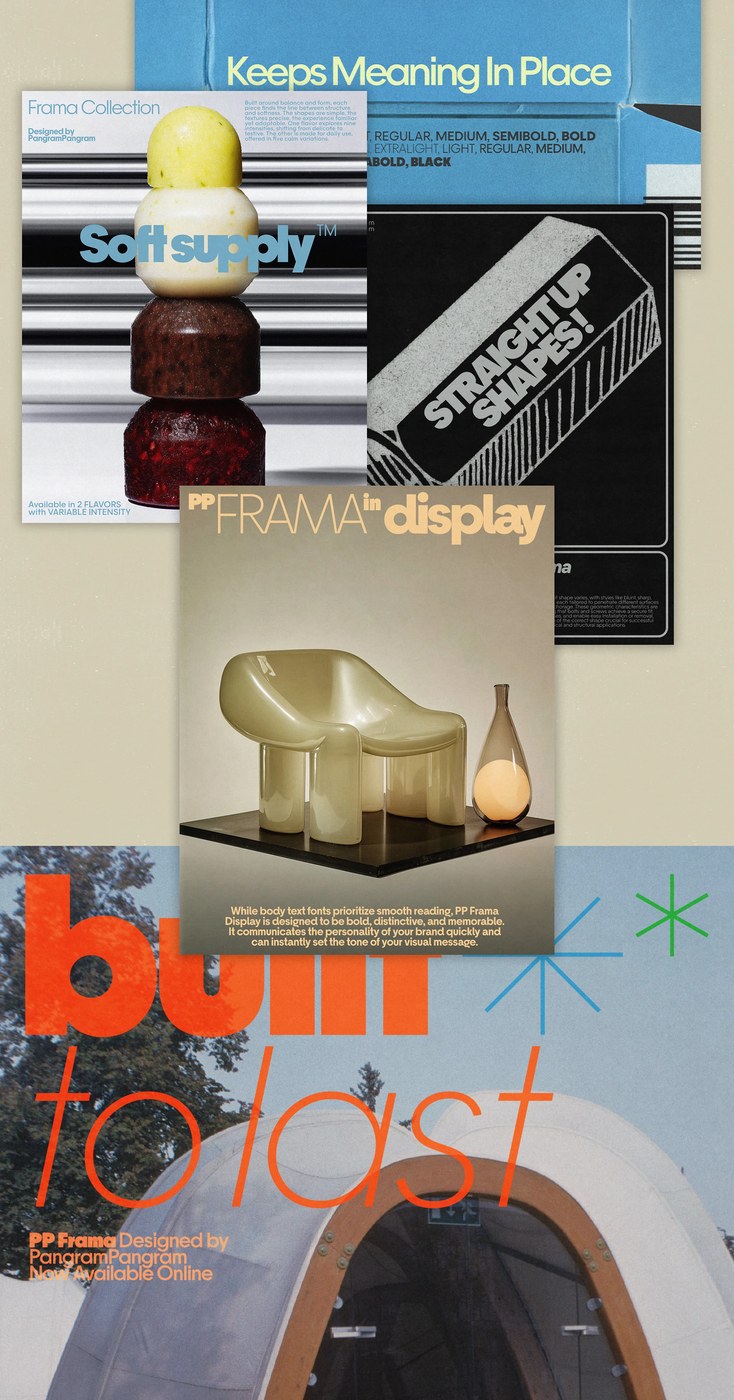 Clean geometric letterform details in PP Frama typography design by Pangram Pangram