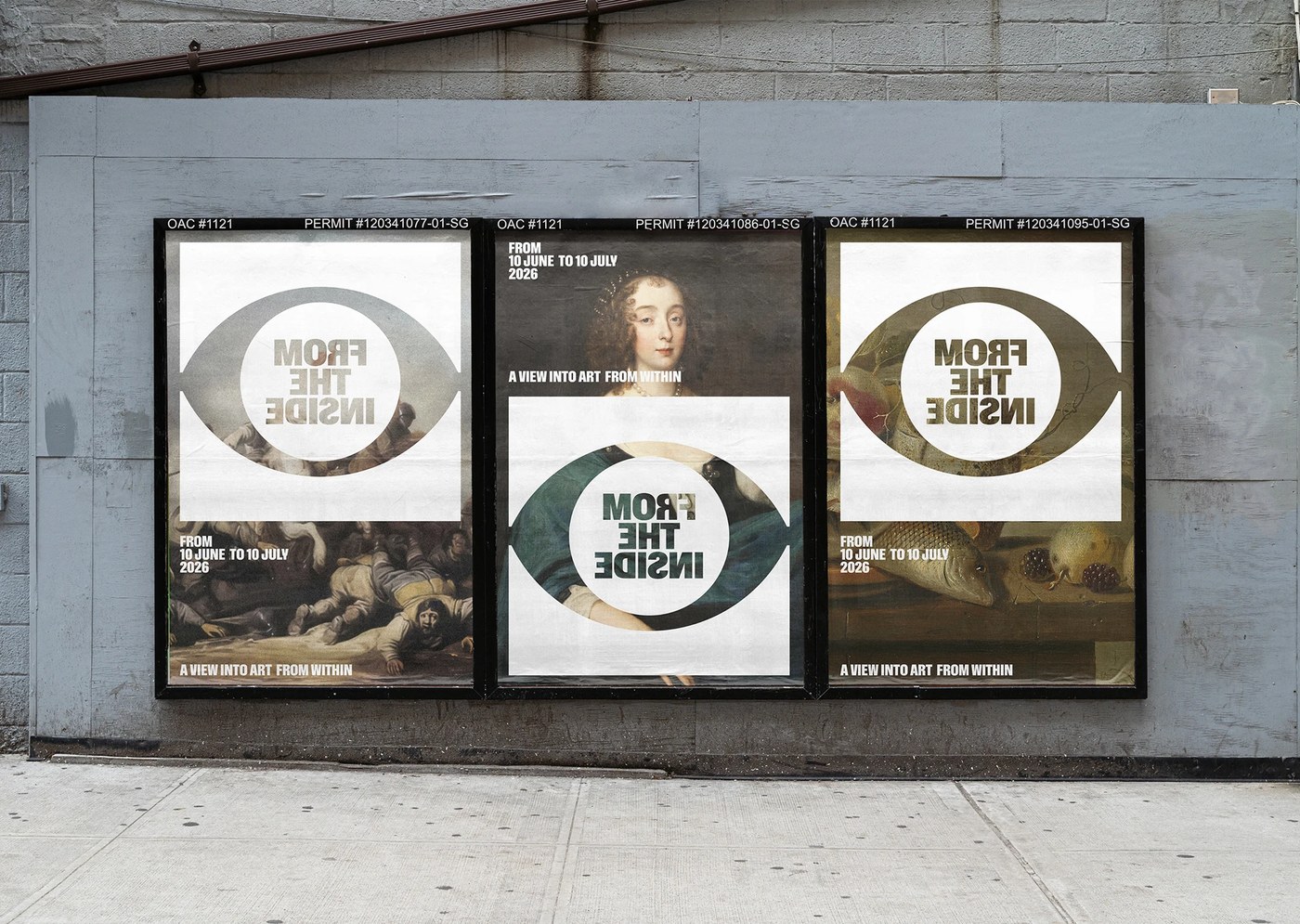 Visual identity exhibition triptych posters on construction fence hoardings for From The Inside