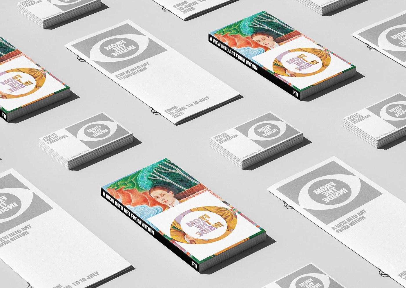 Visual identity exhibition catalogs wire-bound brochures and invitation cards for From The Inside