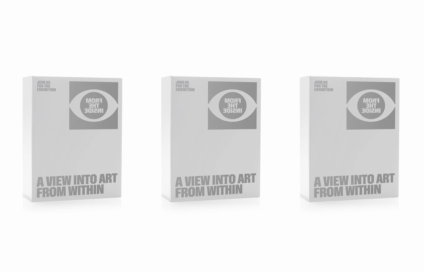 Visual identity white exhibition catalog slipcase boxes for From The Inside