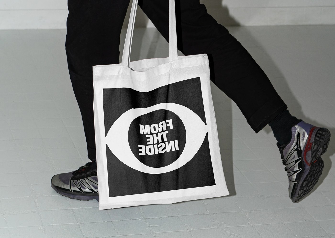 Visual identity cotton canvas tote bag carried by visitor for From The Inside