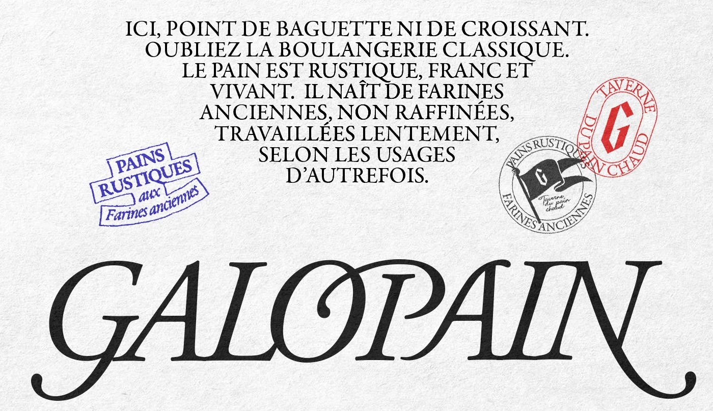 Galopain brand manifesto typography board with distressed blue, black, and red rubber stamp seals — branding by Charline GROEN